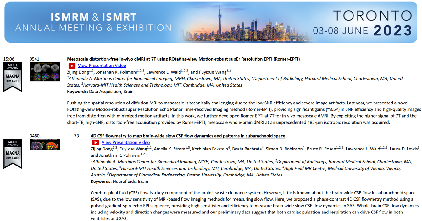 Two abstracts awarded ISMRM Magna Cum Laude Merit Award at ISMRM 2023