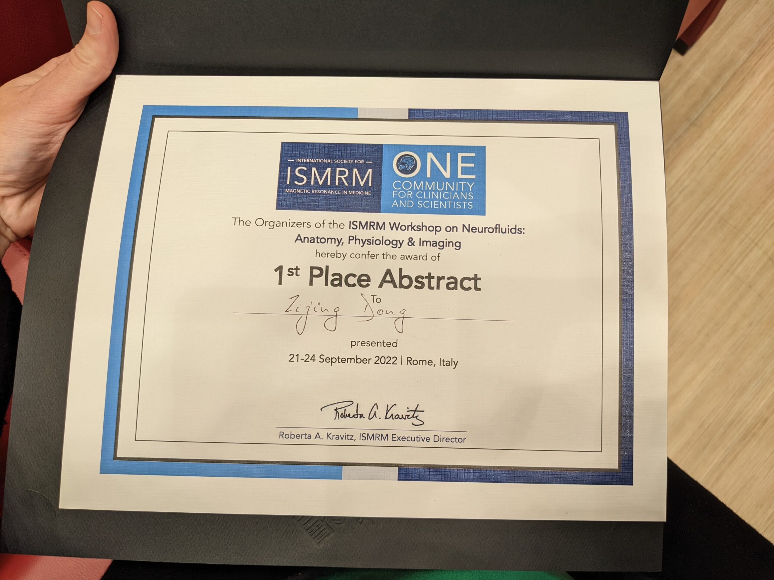 Our abstract on CSF flow mapping awarded the 1st Place Abstract Award at ISMRM Workshop on Neurofluids